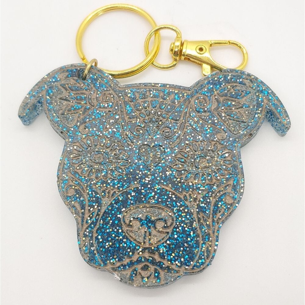 Keychain Pitbull Sugar Skull w/ Glitter
